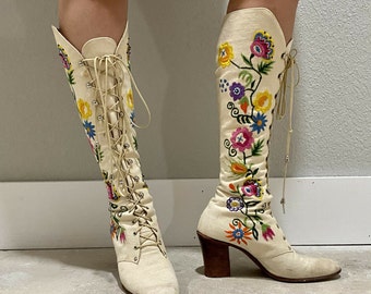 NO DISCOUNT Jerry Edouard Boots Penny Lane Boots 60s Boots 70s Boots Floral Embroidered Boots Lace Up Boots Boho Hippie  Almost Famous