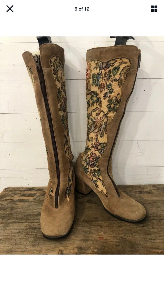 Vintage 60s 70s Floral Tapestry Suede Gogo Boots P