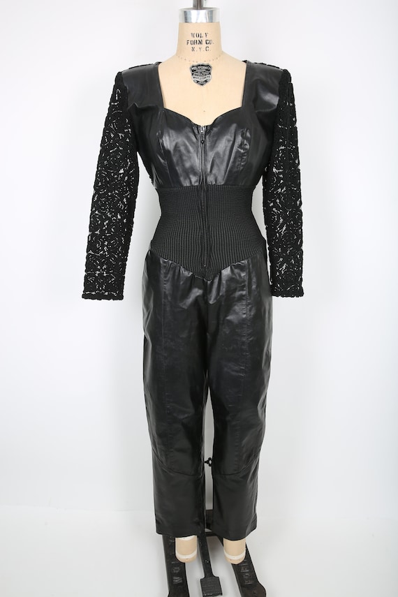 Vintage Black Leather & Lace Jumpsuit with Sheer F