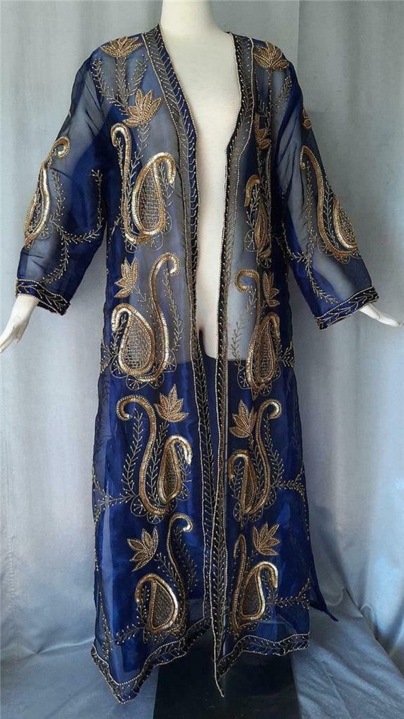 Vintage Jacket Duster Robe Sheer Gold Beaded Sequin B Gem