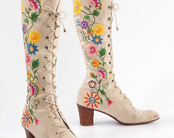 Jerry Edouard Boots Penny Lane Boots 60s Gogo Boots 60s Boots 70s Boots Floral Embroidered Boots Lace Up Boots Boho Hippie Bohemian