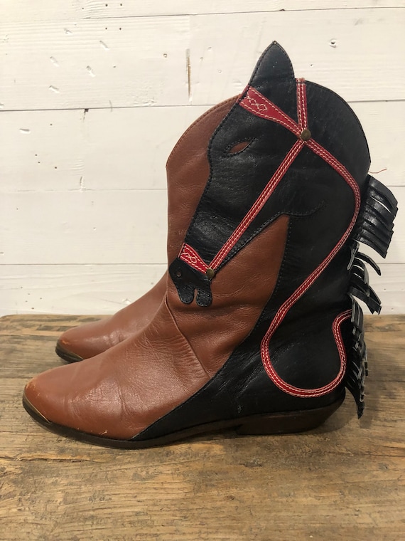 Vtg 80s 90s Boots Black & Brown Novelty Horse Head