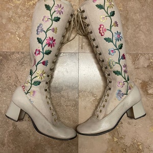 Vintage 60s Gogo Boots Floral Embroidered Boots Penny Lane Boots 60s Boots Lace Up Boots Boho Hippie 60s Gogo Hippy Almost Famous