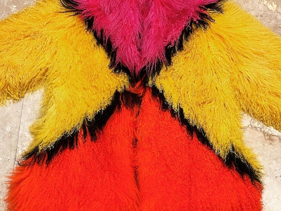 Vintage Mongolian Fur Coat Multi Color Patchwork … - image 3