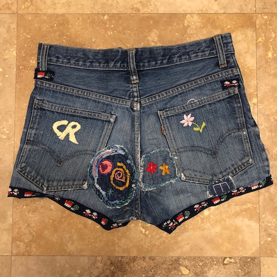 Vintage 70s Denim Shorts Patched Embroidered Stitched Blue Denim