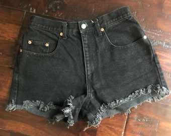 Vintage Black Denim Cut off Shorts High Waisted High Rise Mom Boho Hippie Hippy Festival Coachella Woodstock