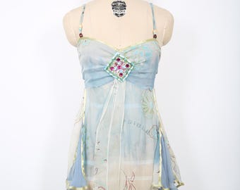 Coquette Fairy Blue Sheer Beaded Cami Top Designer Summer