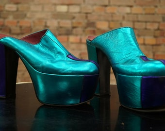 Vintage 70s Disco Platform Sandals Pumps Clogs Blue Metallic  Boho Hippie Disco Studio 54 Club Party Rave 70s 60s