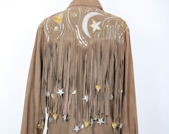 Vintage Judith Ann Leather Fringe Jacket Shirt with Silver and Gold Sequin Stars & Moon, Celestrical Cosmo