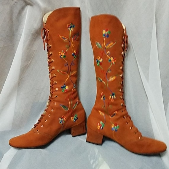 Vintage 60s 70s Embroidered Boots Rainbow Stitched