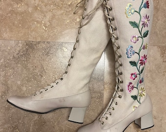 Vintage 60s Gogo Boots Floral Embroidered Boots Penny Lane Boots 60s Boots Lace Up Boots Boho Hippie 60s Gogo Hippy Almost Famous