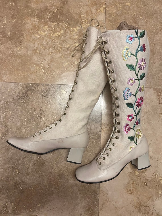 Vintage 60s Gogo Boots Floral Embroidered Boots P… - image 1