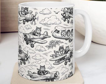 Cottagecore Cat Travel Mug | Cats Flying Airplanes Mug | Vintage Aviation Coffee Cup | Cute Cat Pilot Mug | Travel Lover Gift | 11oz & 15oz