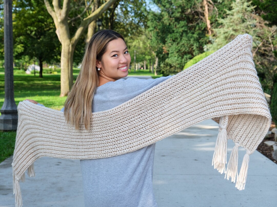 The Windsor Scarf Cream Cozy Chunky Rib Knit Tasseled Wool Etsy