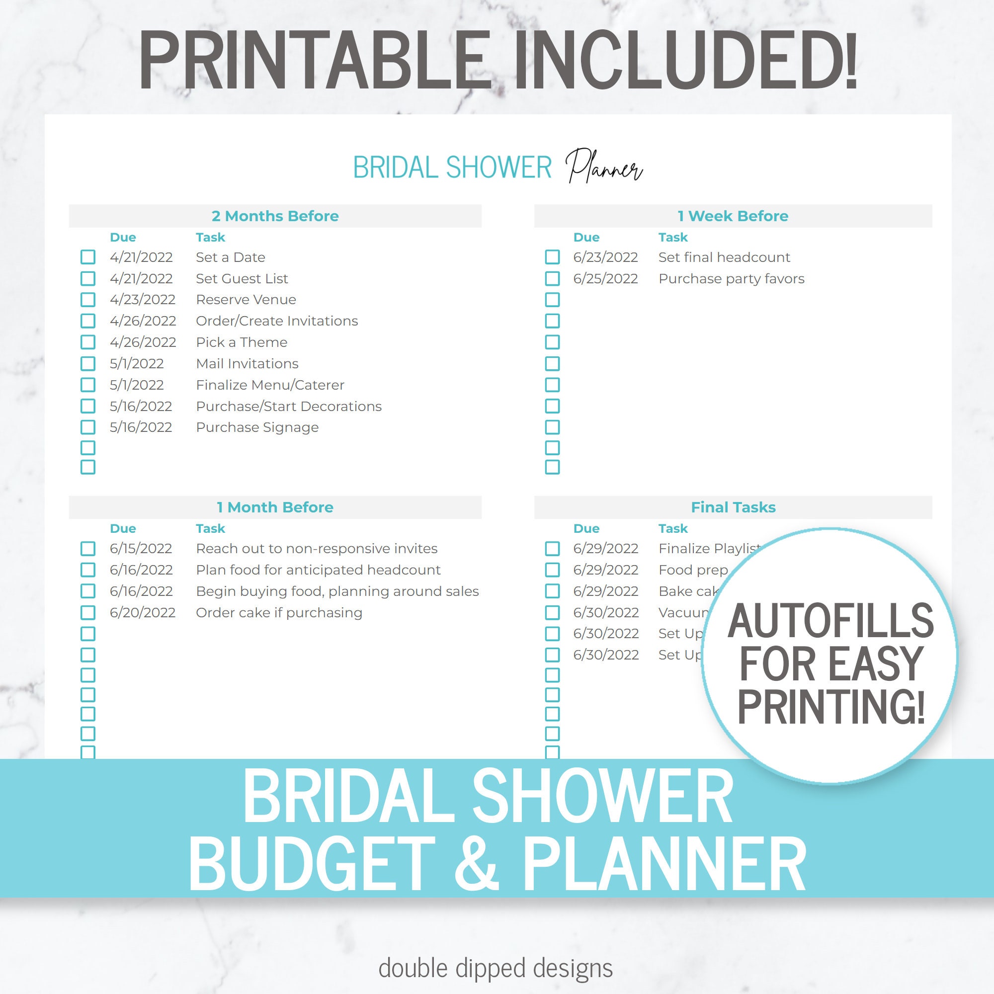 Bridal Shower Planner &amp; Budget Spreadsheet Printable Bridal Shower ...