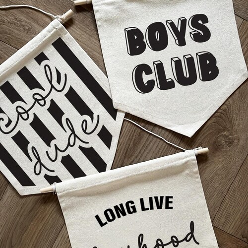 Boys Room Printed Wall Hangings, Boyhood, Boys Club, Little Man Cave, Cool Dude/Kid, Natural Cotton Canvas Fabric Slogan Banners, Boys Decor