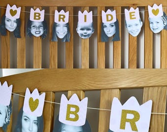 Hen Do and Engagement Face Bunting, Personalised Photo Garland With Glitter Wording, Celebration Party Banner