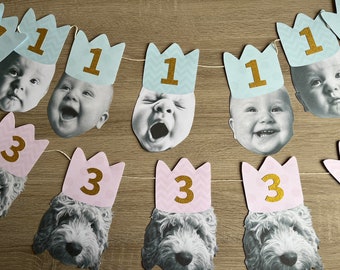 Custom Face Photo Bunting with Party Hat Crown, Personalised Birthday Banner Party Decoration with Glitter Number, Ideal For All Ages & Pets