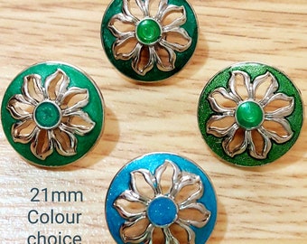 Vintage Flower hand painted buttons-21 mm 34L SILVER colour trim with GREEN or BLUE enamel shiny craft buttons