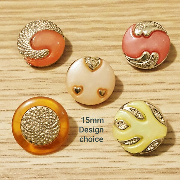 Set Of 10 Vintage 1980's Fancy buttons-Design Choice 15 mm GOLD with ORANGE/YELLOW color buttons