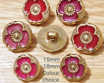 Vintage Iridescent Pink Flower buttons-COLOUR/SIZE CHOICE 15 mm-18 mm Gold and Coral enamel craft sewing buttons