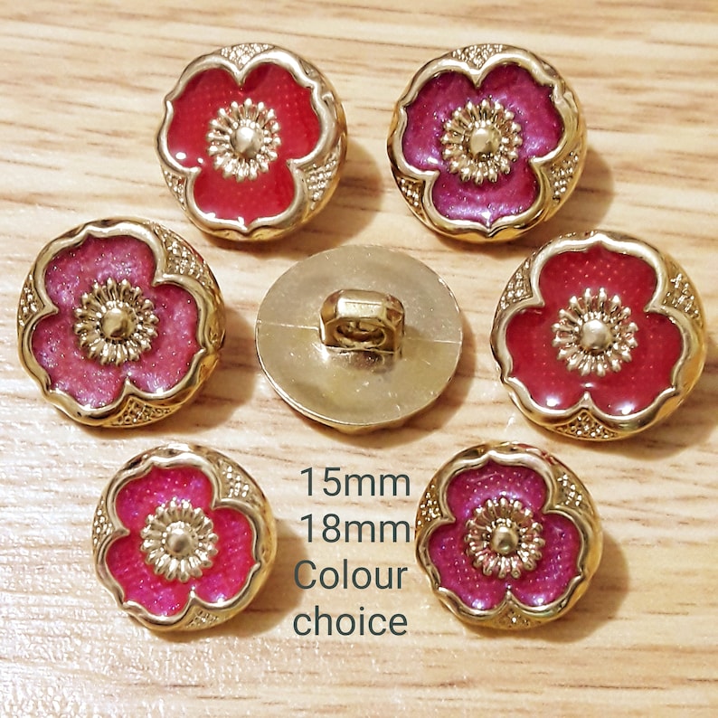 Vintage Iridescent Pink Flower buttons-COLOUR/SIZE CHOICE 15 mm-18 mm Gold and Coral enamel craft sewing buttons image 1