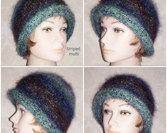 Woman Hand Knitted Mohair Rolled Rim Hat-7 BRILLIANT COLOURS CHOICE Handmade Fuzzy & Cozy Warm hat