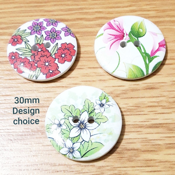 Set of 5 Wooden Floral buttons-DESIGN CHOICE 30 mm-Beautiful floral print 2 hole buttons-Fast dispatch