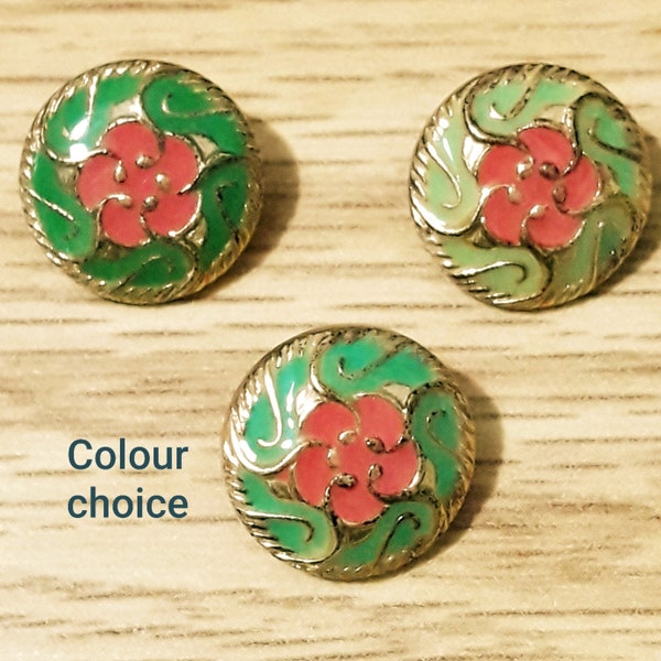 Retro shabby chic flower buttons-Very pretty ornate 15 mm GREEN & PINK color flower plastic shank buttons