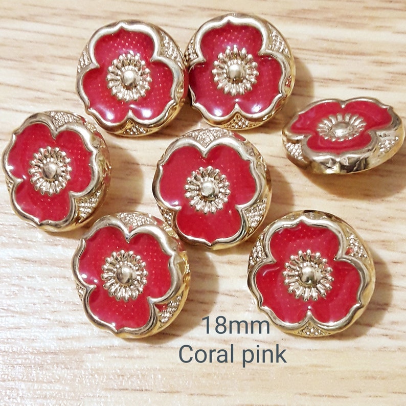 Vintage Iridescent Pink Flower buttons-COLOUR/SIZE CHOICE 15 mm-18 mm Gold and Coral enamel craft sewing buttons 7 Coral Pink 18 mm