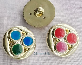 8 Vintage Fancy colourful buttons-2 COLOURS CHOICE 21 mm Gold colour rim plastic Handcrafted decorative shank buttons