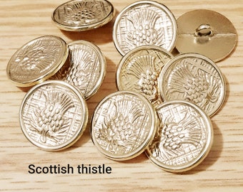 8 Gold Scottish thistle buttons, DESIGN CHOICE 18 mm metal fashion sewing craft buttons