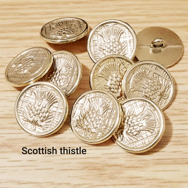 8 Gold Scottish thistle buttons, DESIGN CHOICE 18 mm metal fashion sewing craft buttons