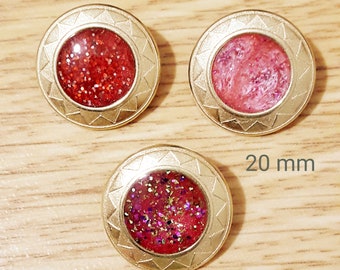 6 Metal Red Pink handcrafted buttons-3 COLOURS CHOICE 20 mm Glittering enamel buttons with Gold colour zigzag pattern rim