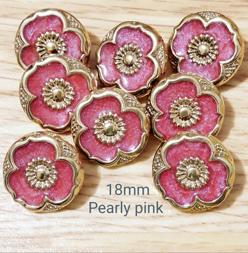 Vintage Iridescent Pink Flower buttons-COLOUR/SIZE CHOICE 15 mm-18 mm Gold and Coral enamel craft sewing buttons image 6