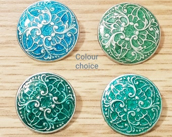 Baroque pattern Pearl buttons-COLOUR CHOICE 18 mm/20 mm SILVER with Pearly Blue or Green color enamel Handcrafted buttons