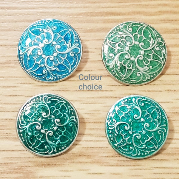 Baroque pattern Pearl buttons-COLOUR CHOICE 18 mm/20 mm SILVER with Pearly Blue or Green color enamel Handcrafted buttons