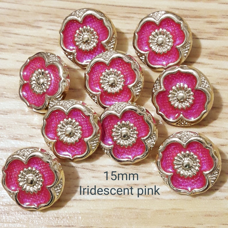 Vintage Iridescent Pink Flower buttons-COLOUR/SIZE CHOICE 15 mm-18 mm Gold and Coral enamel craft sewing buttons 6 Pearly Pink 15mm