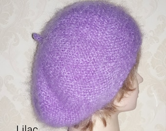 Woman Pink/Purple mohair beret-6 CHARMING COLOURS CHOICE: Pink, Lilac Lightweight Fuzzy and cozy high quality beret