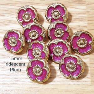 Vintage Iridescent Pink Flower buttons-COLOUR/SIZE CHOICE 15 mm-18 mm Gold and Coral enamel craft sewing buttons 7 Pearly Plum 15 mm