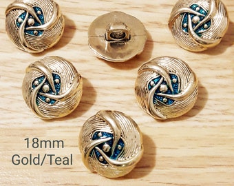Set of 6 GOLD & TEAL 18 mm buttons-Very Pretty Textured plastic designer shank buttons