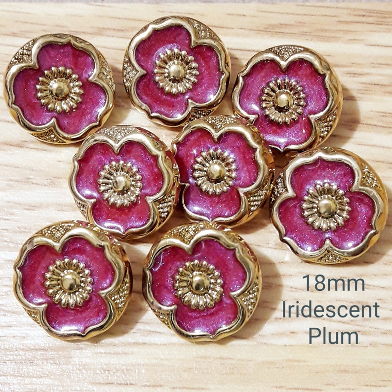 Vintage Iridescent Pink Flower buttons-COLOUR/SIZE CHOICE 15 mm-18 mm Gold and Coral enamel craft sewing buttons 7 Pearly Plum 18 mm