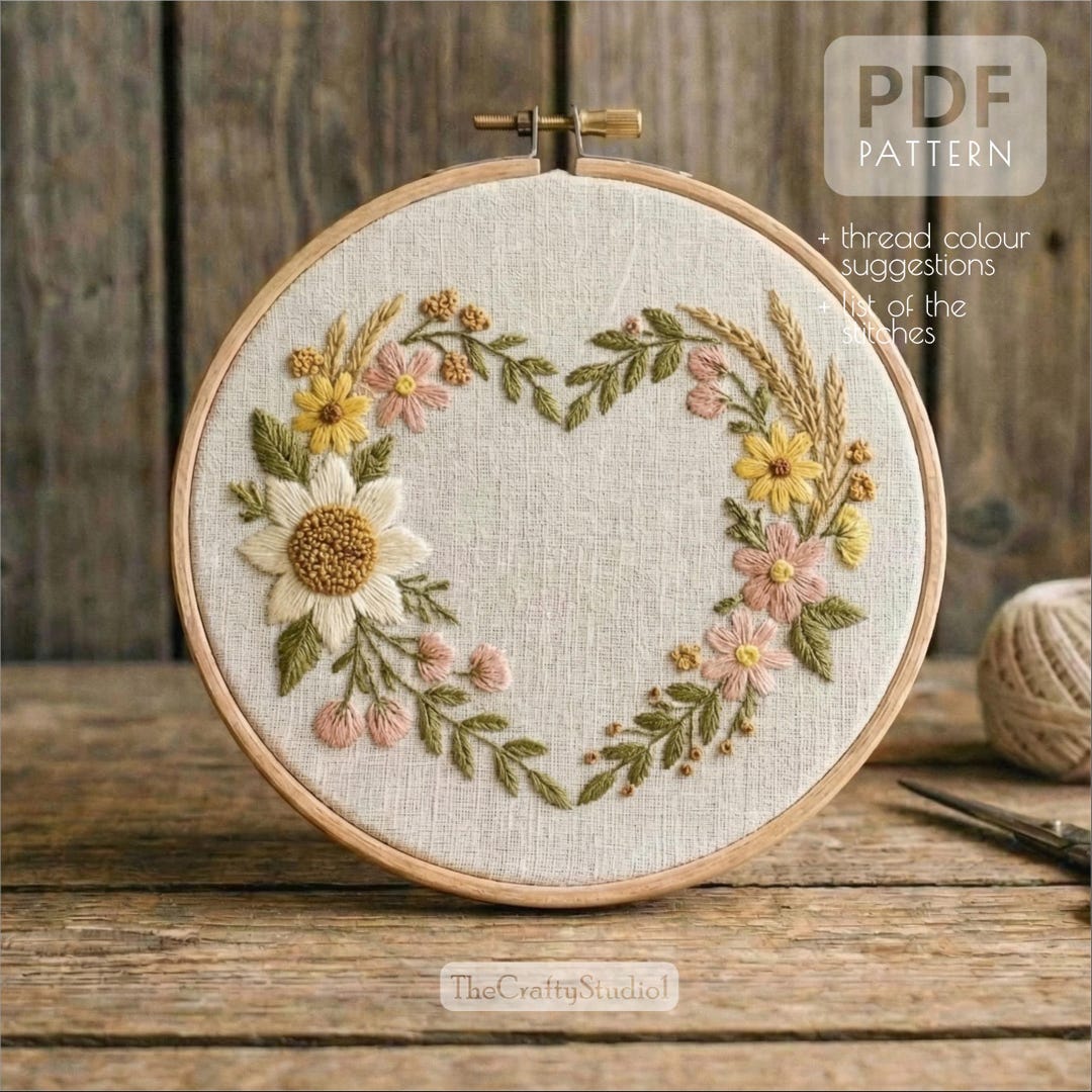 Hand Embroidery Floral Heart Wreath Pattern PDF | Heart Wreath ...
