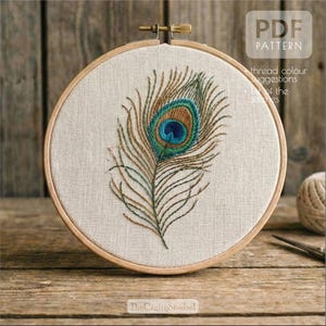 Op de afbeelding: Handgestikte pauwenveer borduursel in een houten ring. De veer heeft tinten blauw, bruin en groen. De tekst "PDF PATTERN" is rechtsboven zichtbaar. Het logo The Crafty Studio staat onderaan.