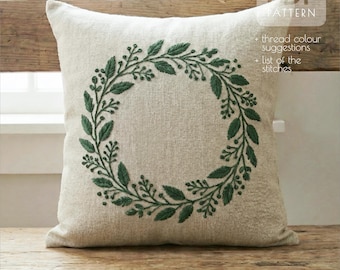 クッションカバーのPDF刺繍パターン、リネン枕カバーの植物柄デザイン