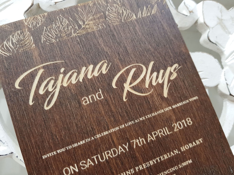 beach wedding wooden invites by Oxee tropical leaves 5 Engraved wooden invitations
