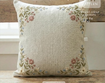 枕カバー用花柄刺繍パターン、リネンクッションカバー植物柄デジタル