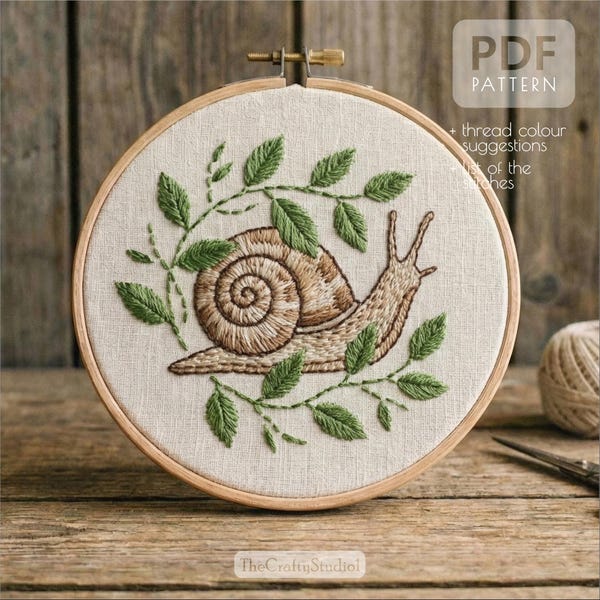 Hand Embroidery Floral Snail Pattern PDF | Snail Embroidery Design | Instant Download | Beginner Embroidery Pattern
