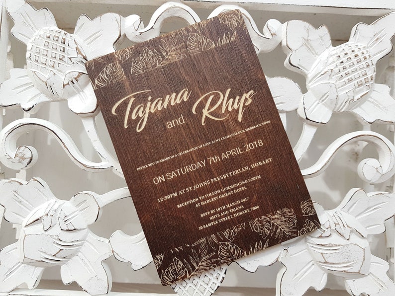 beach wedding wooden invites by Oxee tropical leaves 5 Engraved wooden invitations