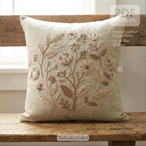 クッションカバーのPDF刺繍パターン、リネン枕カバーの植物柄デザイン